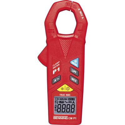 Pince multimètre rouge avec affichage numérique indiquant '0,668'. Touches pour 'Inrush', 'LPF', 'NCV'. Outil principal pour mesurer les intensités électriques.
