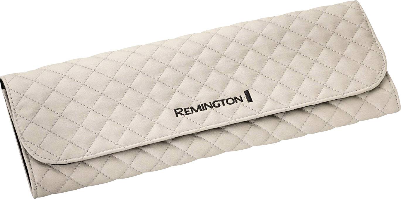 Étui beige matelassé avec logo 'Remington' imprimé.