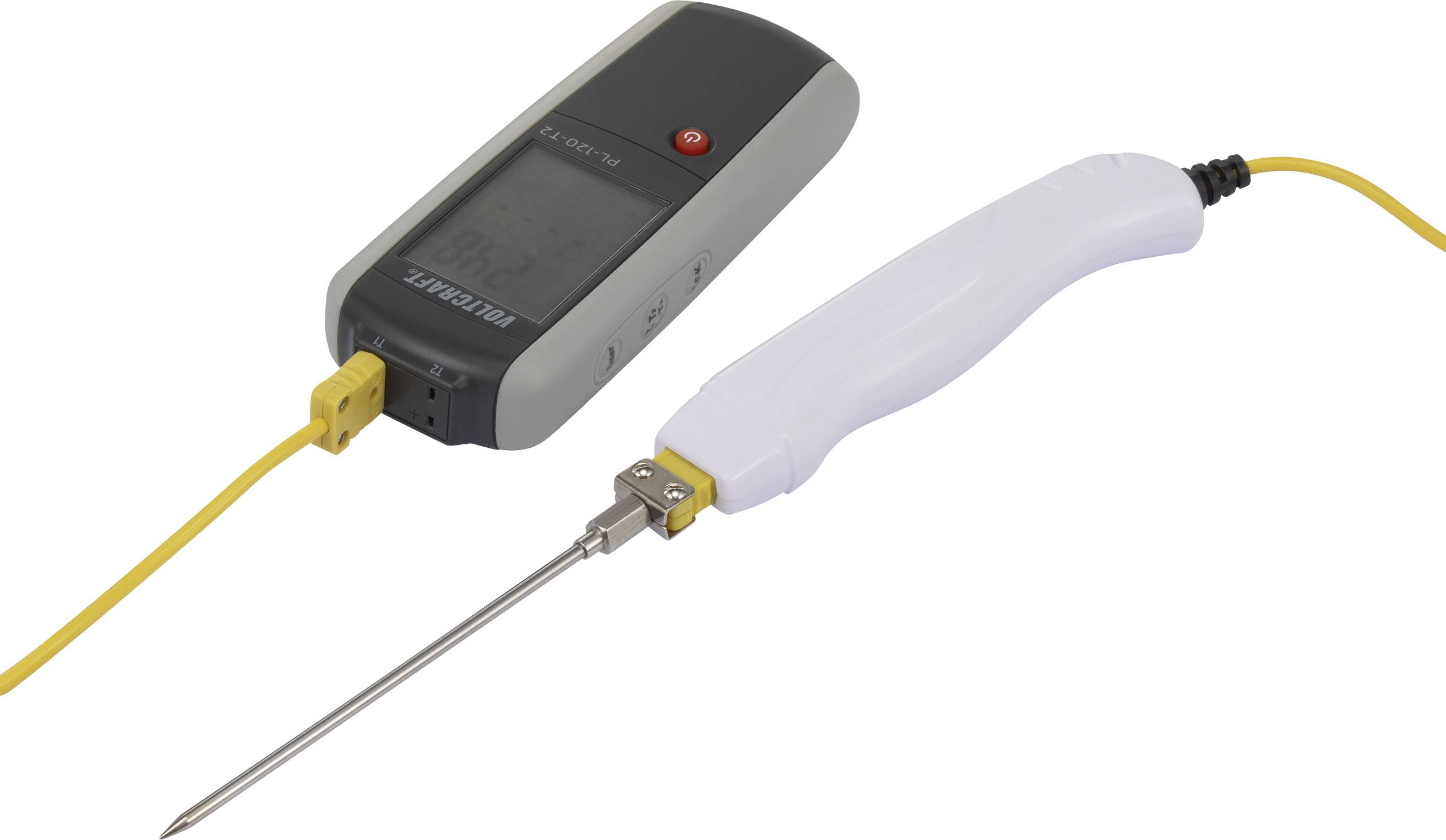 Thermomètre numérique avec câble jaune et capteur métallique en blanc, adapté pour la mesure de température.