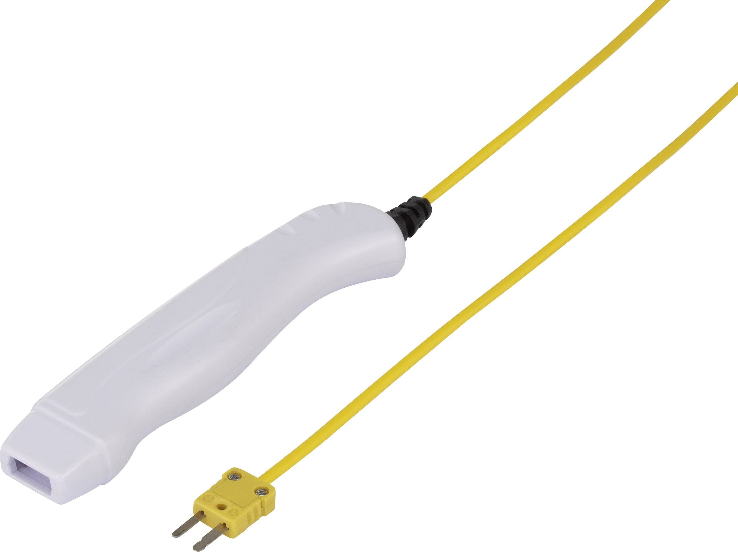 Une poignée blanche avec un câble jaune et un connecteur jaune à son extrémité, probablement un capteur de température.