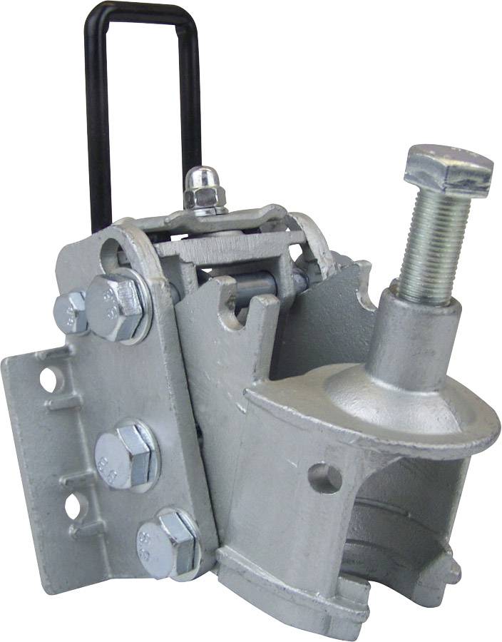 Une pince métallique avec plusieurs vis, une grande vis réglable en haut et une poignée noire à l'arrière.