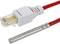 Câble Ethernet rouge avec fiche blanche à côté d'un capteur de température métallique.
