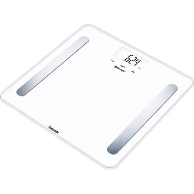 Balance personnelle numérique avec affichage blanc, indiquant '62,74'. Capteurs argentés sur la surface en verre, avec logo Bluetooth.