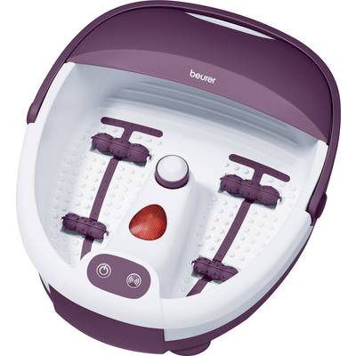 Appareil de massage pour les pieds avec lampe chauffante infrarouge rouge, boîtier violet et blanc, deux rouleaux de massage et commandes à l'avant.