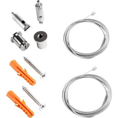 Kit d'accessoires comprenant des chevilles, des vis et deux câbles argentés pour montage mural ou suspension. Contient différents éléments de fixation métalliques.