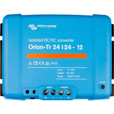 Convertisseur CC/CC Bleu de Victron Energy portant l'inscription 'Orion-Tr 24|24-12', avec ses bornes d'entrée et de sortie et ses spécifications de puissance.