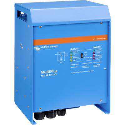 Chargeur et onduleur Victron Energy MultiPlus bleu, modèle 24/3000/70-1, avec connexions en bas et logo de marque en haut.