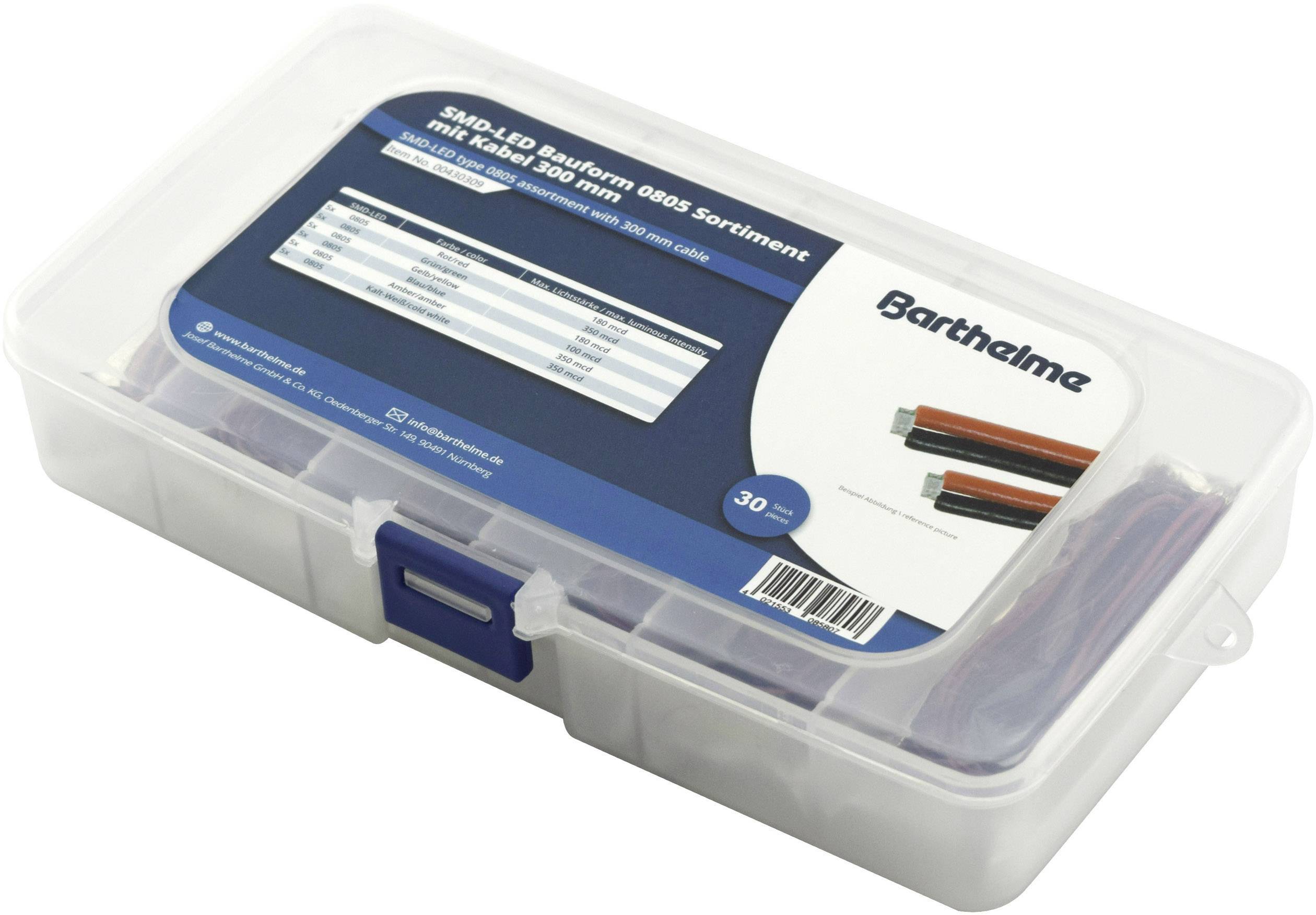Boîte en plastique avec étiquette 'Assortiment de LED CMS format 0805'. Contient des câbles de différentes couleurs. Nom de marque 'Barthelme' visible.