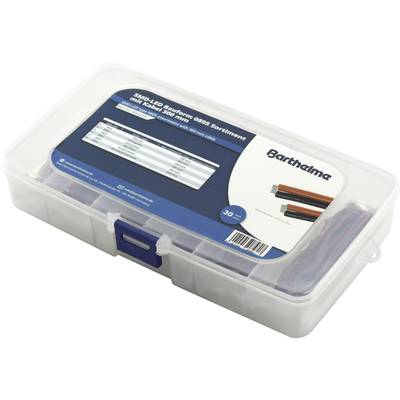 Boîte en plastique avec étiquette 'Assortiment de LED CMS format 0805'. Contient des câbles de différentes couleurs. Nom de marque 'Barthelme' visible.