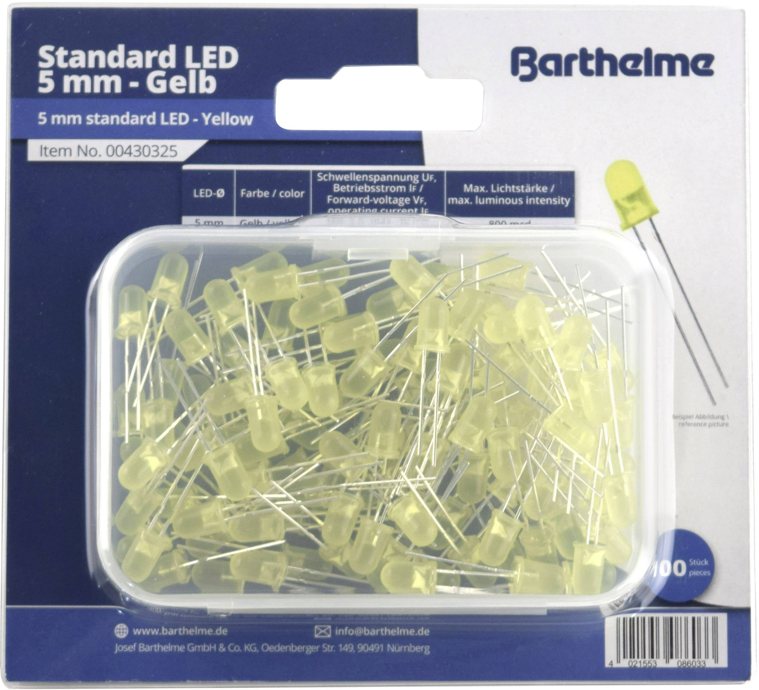 Barthelme Assortiment de LEDs jaune rond 5 mm 800 mcd 35 ° 30 mA 2 V