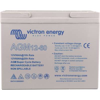 Batterie de Victron Energy, modèle AGM12-60, 12V 56Ah. Contient des avertissements de sécurité pour une utilisation sûre et des liens vers le site web.