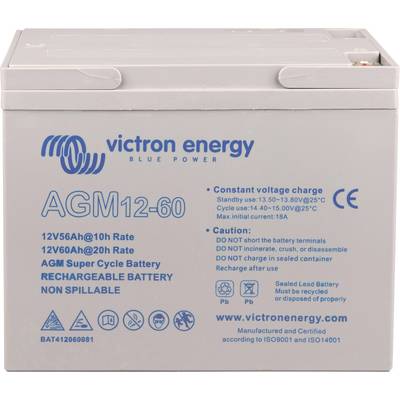 Batterie Victron Energy. Modèle AGM 12-60. Capacité : 12V60Ah à 20 heures. Inscription de sécurité et données techniques.
