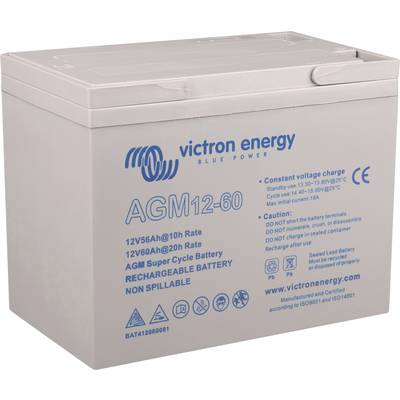 Batterie AGM grise de Victron Energy, modèle AGM12-60. L'étiquette indique les spécifications techniques et les instructions. Non coulante.