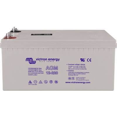 Batterie Victron Energy, type AGM 12-220. Texte sur la batterie : '12V 220Ah' et 'www.victronenergy.com'.