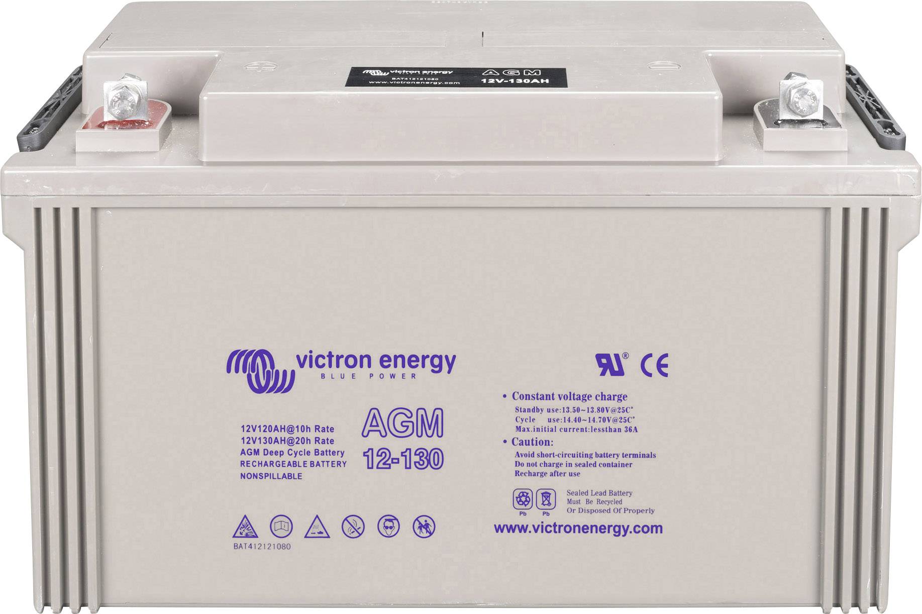 Batterie de voiture Victron Energy avec technologie AGM. Sur la face avant se trouvent des spécifications techniques et des logos.