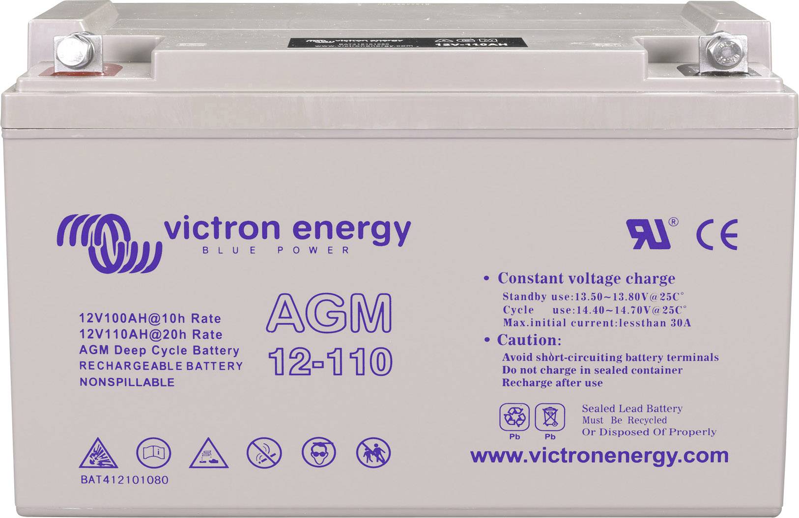 Batterie AGM 12-110 de Victron Energy avec spécifications techniques. Remarque sur la tension constante et consignes d'élimination.