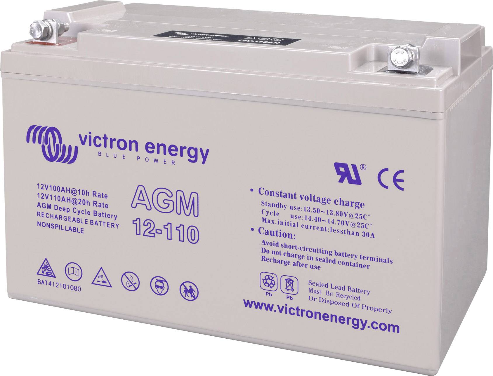 Batterie avec inscription 'Victron Energy AGM 12-110'. 12V, 1080Ah, pour cycle profond. Adapté aux chargeurs à tension constante.