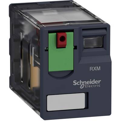 Un relais électrique de Schneider Electric, modèle RXM, avec un boîtier en plastique et un bouton de commande vert sur le dessus.
