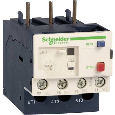 Un relais de surcharge thermique de Schneider Electric avec des bornes et des boutons "Stop" (rouge) et "Reset" (bleu).