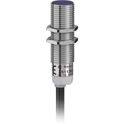 Capteur de proximité inductif cylindrique avec filetage métallique, étiqueté 'Telemecanique Sensors XS112B3', à raccorder sous 12-24 volts.