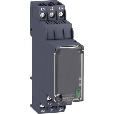 Module de diagnostic Schneider Electric, unité compacte grise avec plusieurs bornes de connexion en haut et en bas, ainsi qu'un bouton de diagnostic.