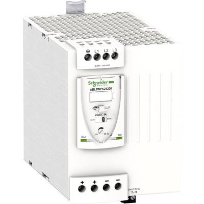 Alimentation électrique de Schneider Electric, modèle ABL8WPS24200, sorties 24V DC, 20A. Adaptée aux applications industrielles avec alimentation triphasée.