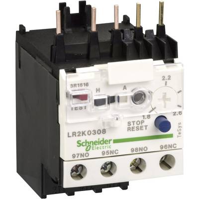 Un relais électrique noir et blanc de Schneider Electric avec plusieurs bornes et un bouton de contrôle de surcharge.