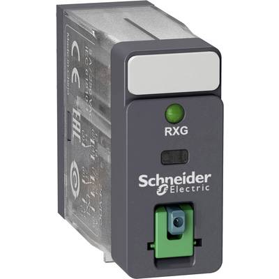 Relais Schneider Electric avec levier vert et marquage 'RXG'. Boîtier avec inscriptions et spécifications techniques.