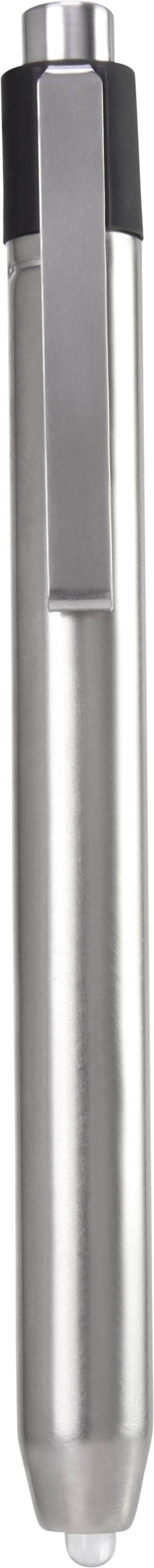 Un stylo à bille argenté avec une finition métallique et un clip noir, présenté verticalement.