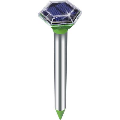 Un répulsif anti-taupes solaire avec un module solaire hexagonal au sommet, dans des tons de vert et d'argent, conçu pour éloigner les rongeurs du jardin.