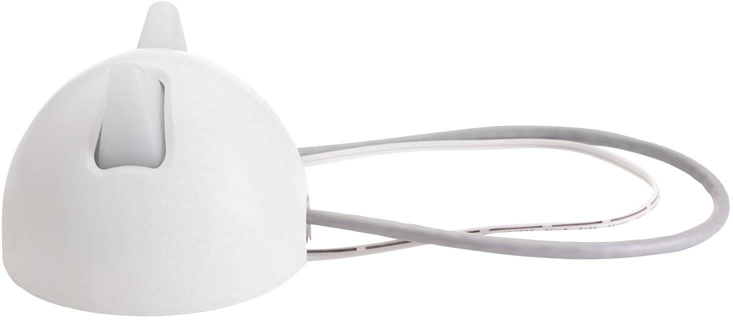 Objet blanc en forme de dôme avec deux câbles gris sortant de l'arrière.