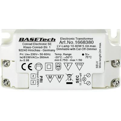Basetech BT-1668380 Transformateur pour halogène 12 V 10 - 60 W dimmable avec variateur à coupure de phase descendante