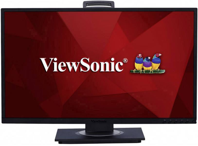 Un écran d'ordinateur affiche le logo 'ViewSonic' au centre sur un fond rouge, avec trois oiseaux colorés à côté.