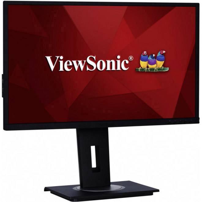 Un écran d'ordinateur avec le logo 'ViewSonic' sur un fond rouge. Trois oiseaux colorés sont représentés à côté du nom de la marque.