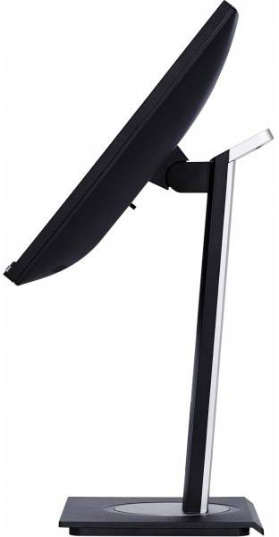 Un moniteur incliné latéralement sur un pied élancé, idéal pour des solutions de poste de travail ergonomiques.