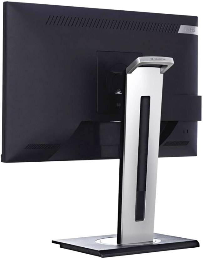 Dos d'un écran d'ordinateur noir avec un pied en argent, des fentes de ventilation latérales et un support orientable.