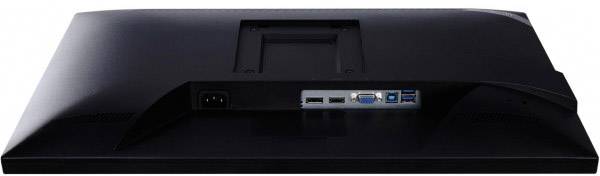 Arrière d'un moniteur avec ses connexions : alimentation électrique, deux ports USB, VGA et HDMI. Boîtier noir avec gestion des câbles.
