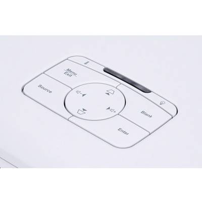 Gros plan sur le panneau de commande d'un projecteur avec des touches telles que « Menu/Sortie », « Source », « Entrée », des touches fléchées et un curseur de volume.