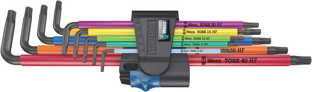 Un ensemble de clés Allen TORX colorées, rangées dans un support. Chaque clé possède des couleurs différentes et des marquages de taille.