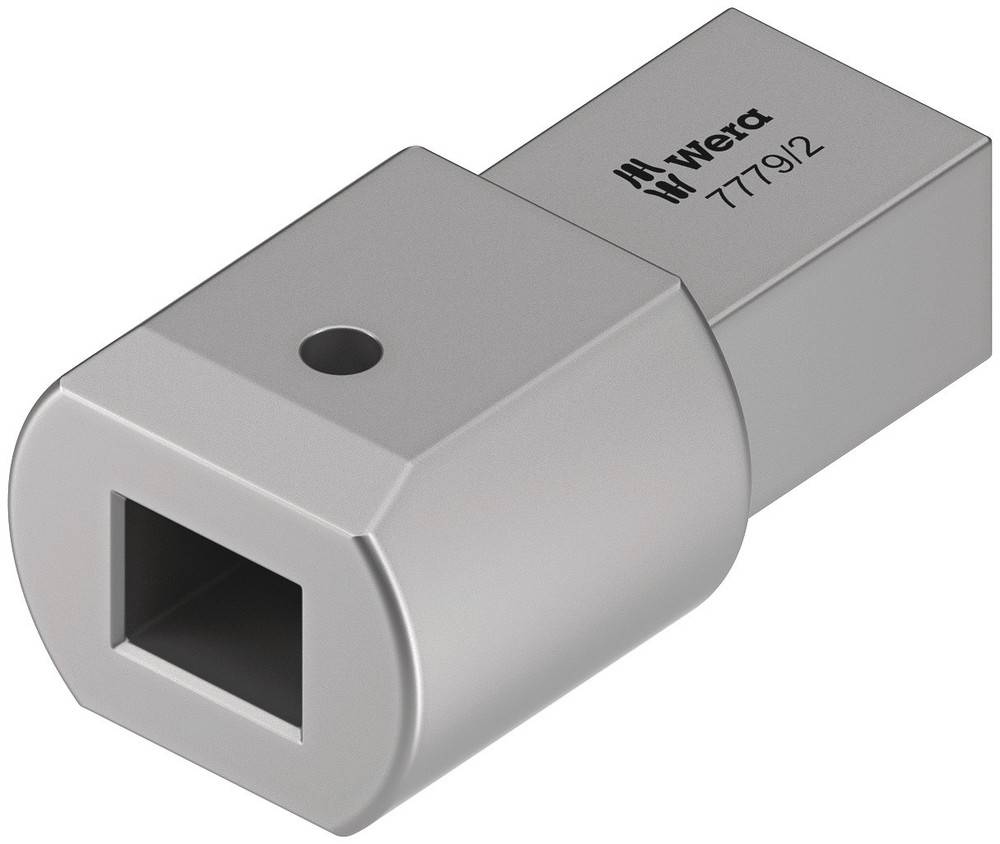 Adaptateur métallique avec profil de connexion carré et logo Wera, numéro d'article 7779/2, pour la connexion de composants d'outils.