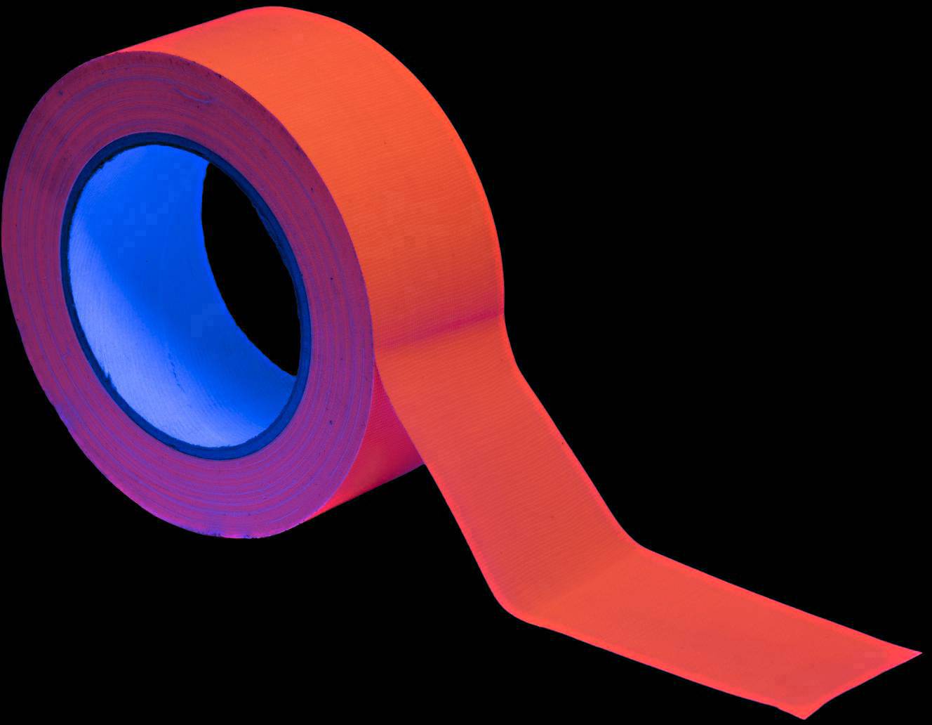 Un rouleau de ruban adhésif orange vif avec un noyau intérieur bleu, sur un fond noir, avec une bande détachée à l'avant.