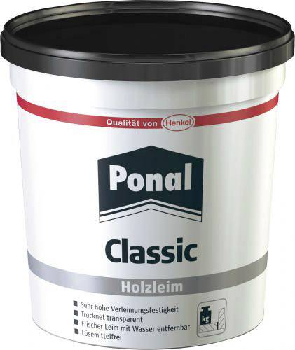 Un seau de colle à bois Ponal Classic avec un couvercle noir et une étiquette. Inscription : 'Qualité Henkel', 'très haute résistance à l'assemblage'.