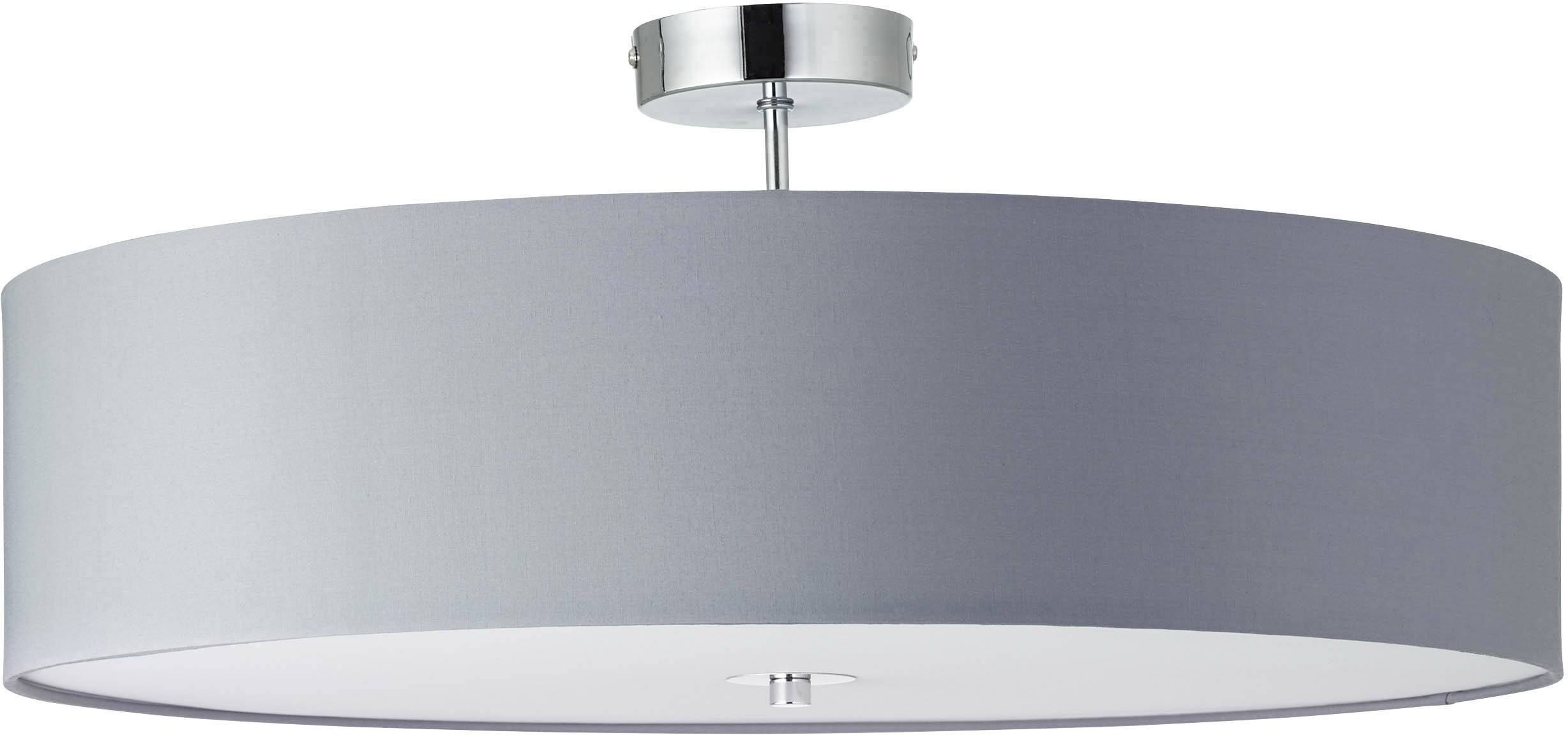 Plafonnier gris, rond, avec un raccordement au plafond argenté, au design épuré. Convient parfaitement aux espaces modernes de vie ou de travail.