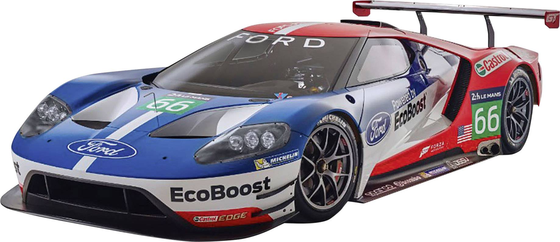 Voiture de course avec le logo Ford et le numéro 66. Peinture bleue et rouge. Publicité EcoBoost visible. Forme aérodynamique.