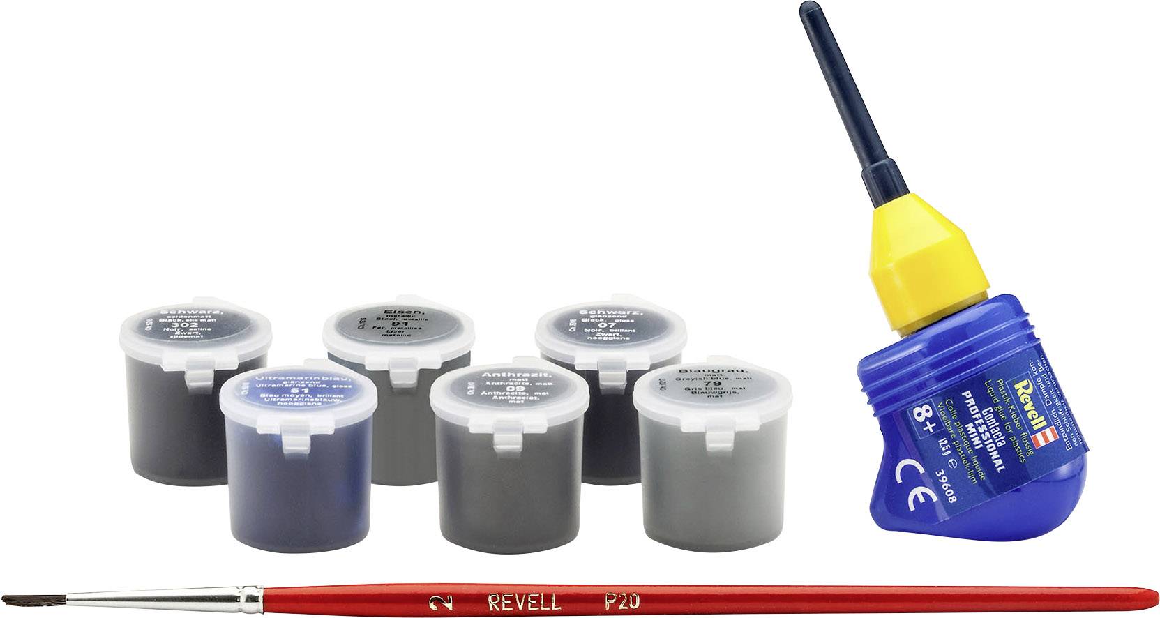 Un ensemble comprenant six petits pots de peinture dans des tons de gris, une bouteille en plastique de colle et un pinceau rouge.