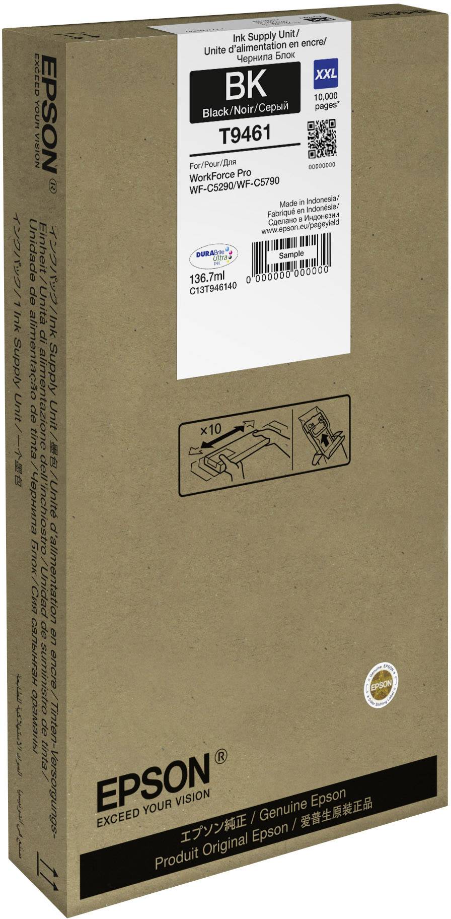 Cartouche d'encre Epson T9461 XXL, noir, 136,7 ml, compatible avec certains modèles d'imprimantes Epson. Emballage marron avec code-barres.