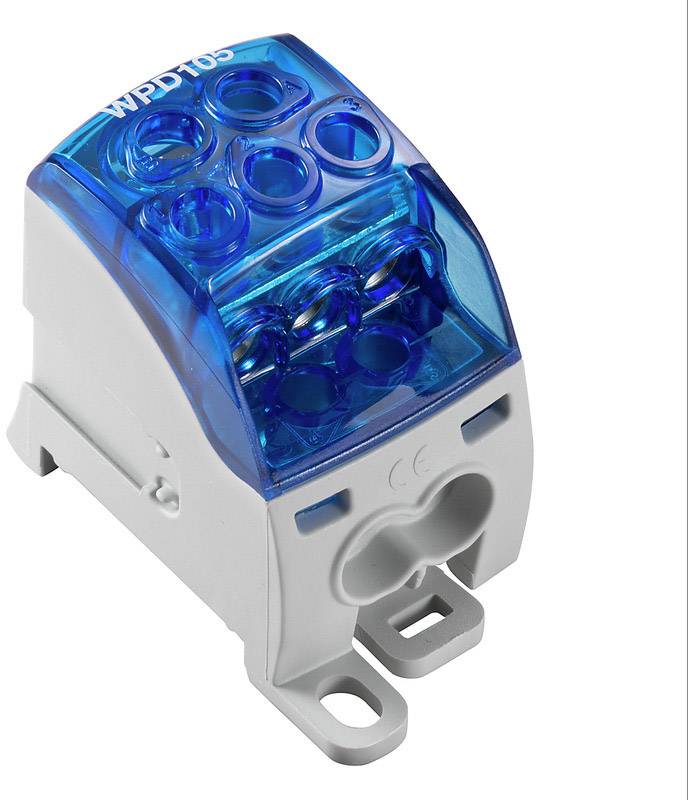 Connexion électrique bleue avec couvercle transparent, désignation de modèle 'WPD 105' visible en haut. Utilisée pour le câblage électrique.