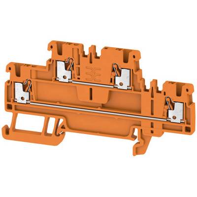 Pince en plastique orange avec des contacts métalliques, utilisée pour des connexions électriques. Elle possède des supports et des pinces sur les côtés.
