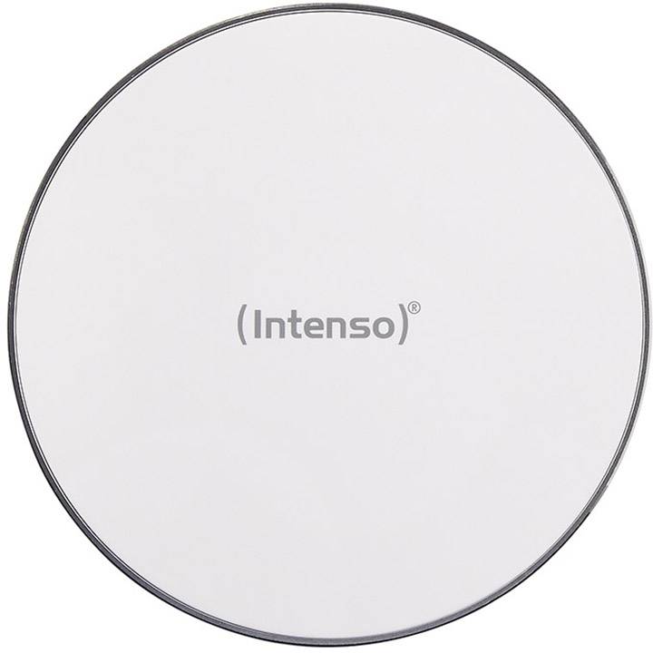 Surface de charge sans fil ronde blanche avec le logo 'Intenso' au centre.