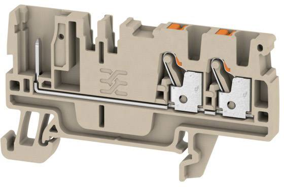 Vue en coupe transversale d'un bloc de connexion électrique modulaire brun, avec un mécanisme à levier et un bornier à vis pour le câblage industriel.